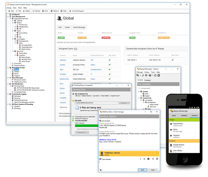 Instant Messaging (IM) and chat system for encrypted and internal communications