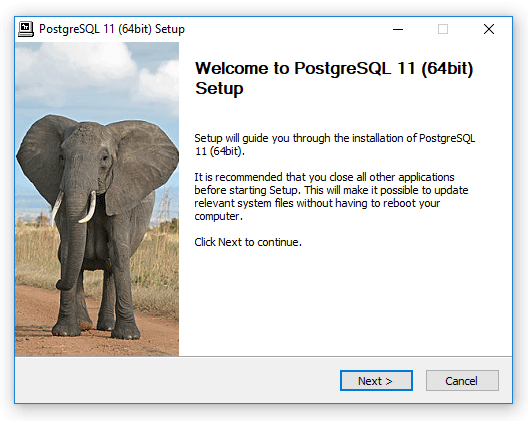 Welcome page of the setup wizard of PostgreSQL 64-bit